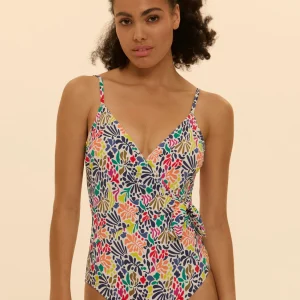 Maillot de bain 1 pièce bonnet mousse sans armature - Imprimé tropico blanc