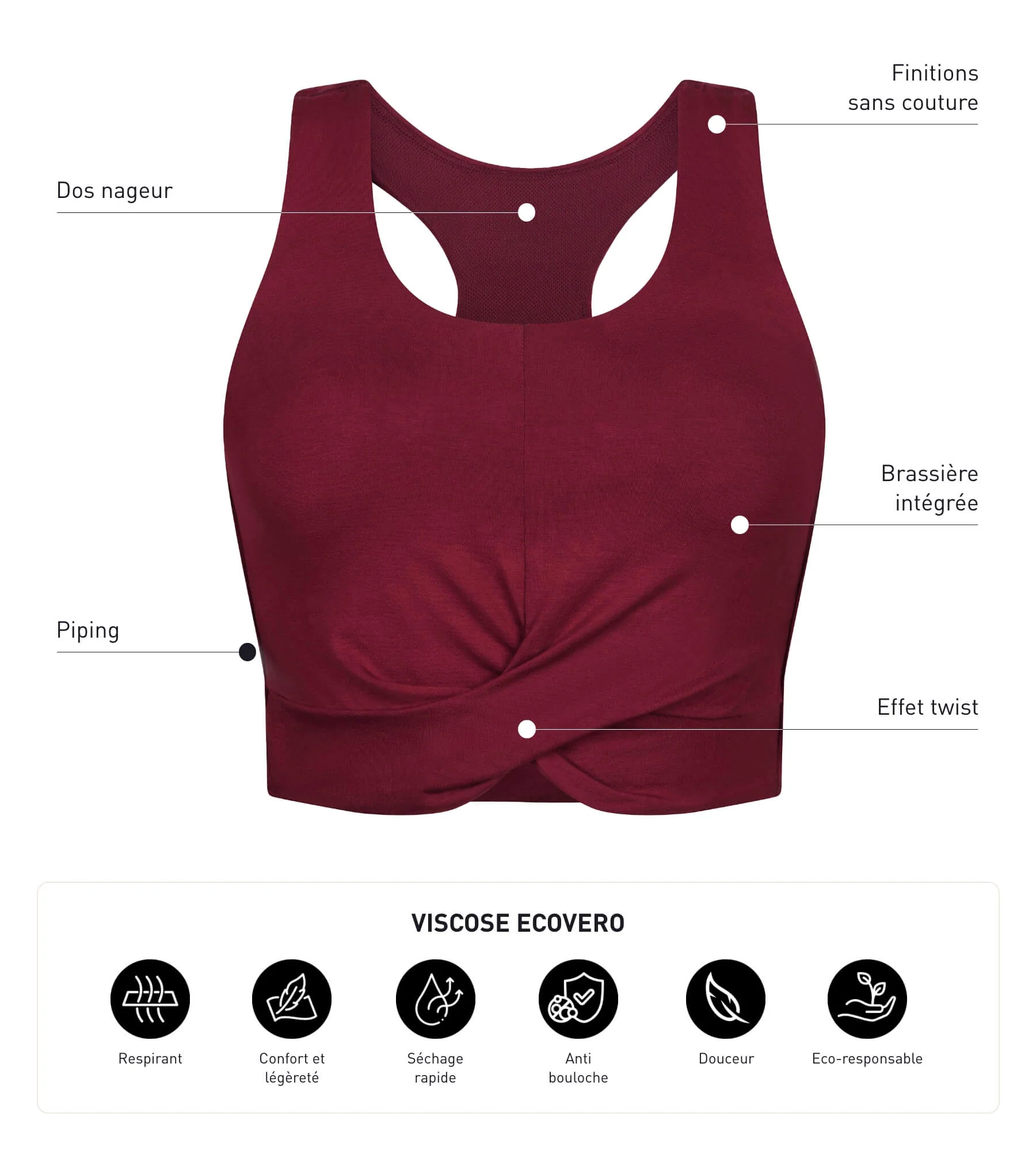 Débardeur de sport femme Bordeaux avec brassière intégrée Dim Move – Image 8