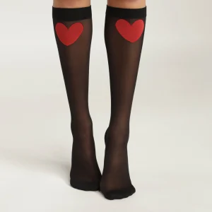 Mi-bas femme en voile transparent Noir motif coeur rouge Dim Style