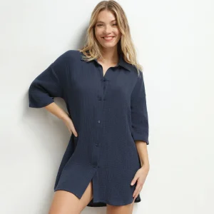 Robe de plage femme en gaze de coton Bleu Dim