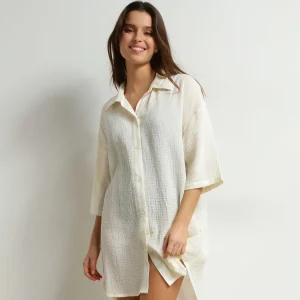 Robe de plage femme en gaze de coton Blanc Crème Dim