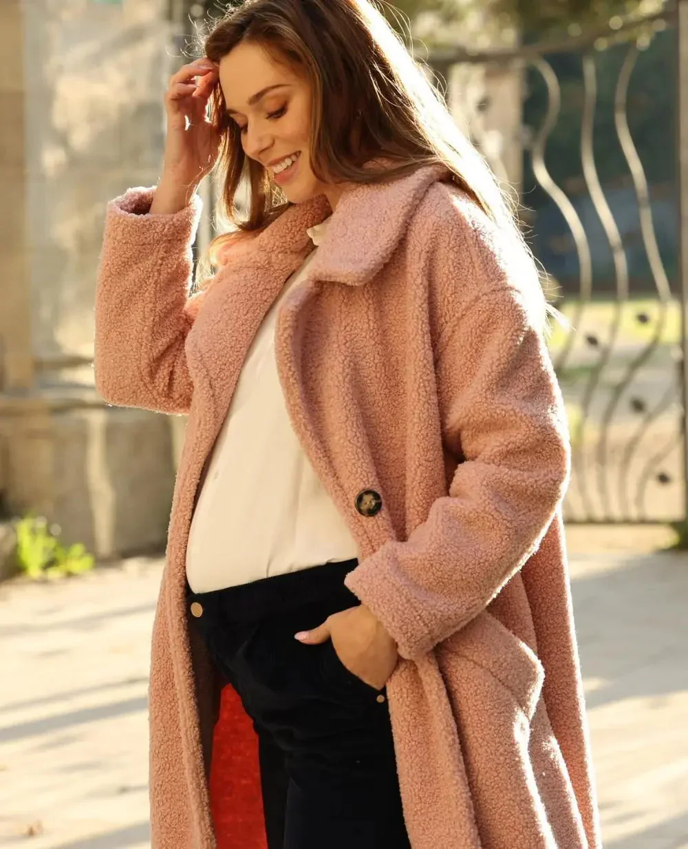 Manteau long de maternité oversize Léonie - Rose – Image 5