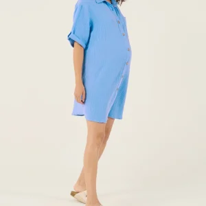Robe chemise courte oversize d'allaitement Bertille - Bleu